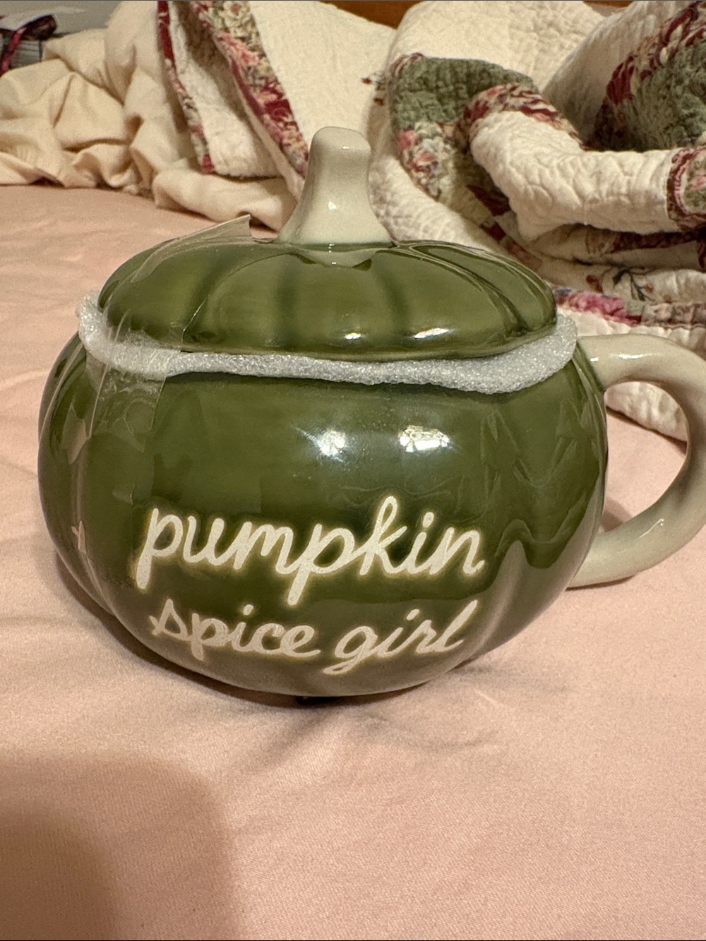 Celebrate Together Olive Green Ceramic Pumpkin Spice Girl Mug with Lid